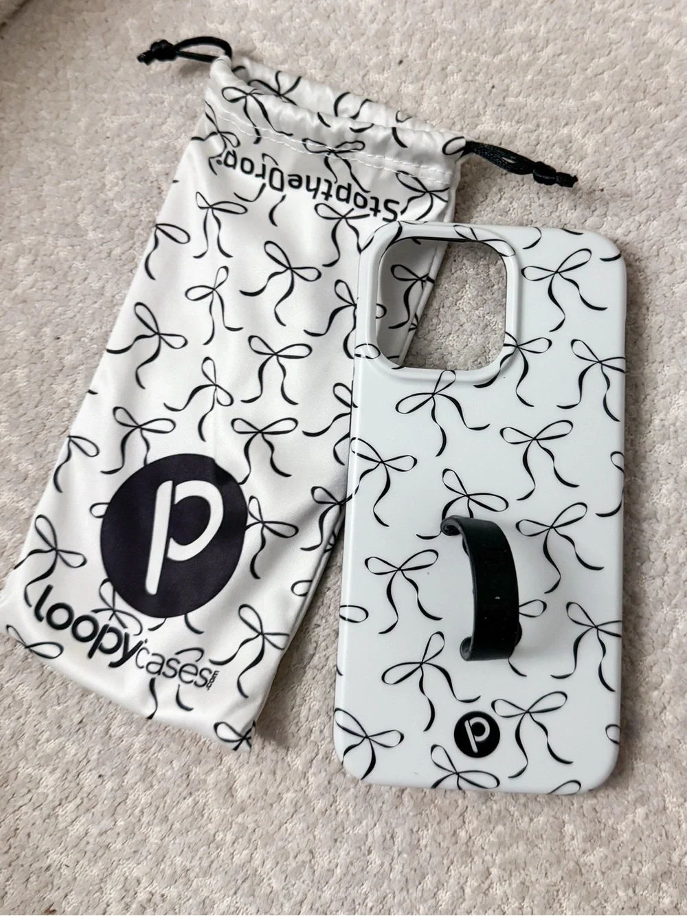 Loopy White Phone Case with Black Ribbon Bow Pattern and Black Grip 15 pro max